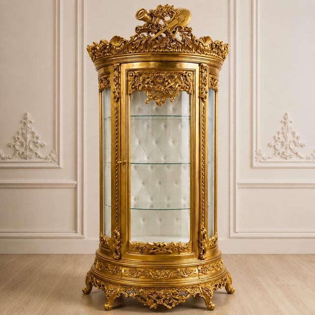 Elevate your interior with this spectacular French Baroque-style display cabinet, featuring an elaborate gold leaf finish,...
