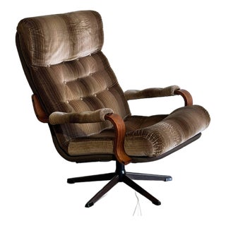 Velour Upholstered Swivel Lounge Chair Danish Mid-Century Modern 1970s For Sale