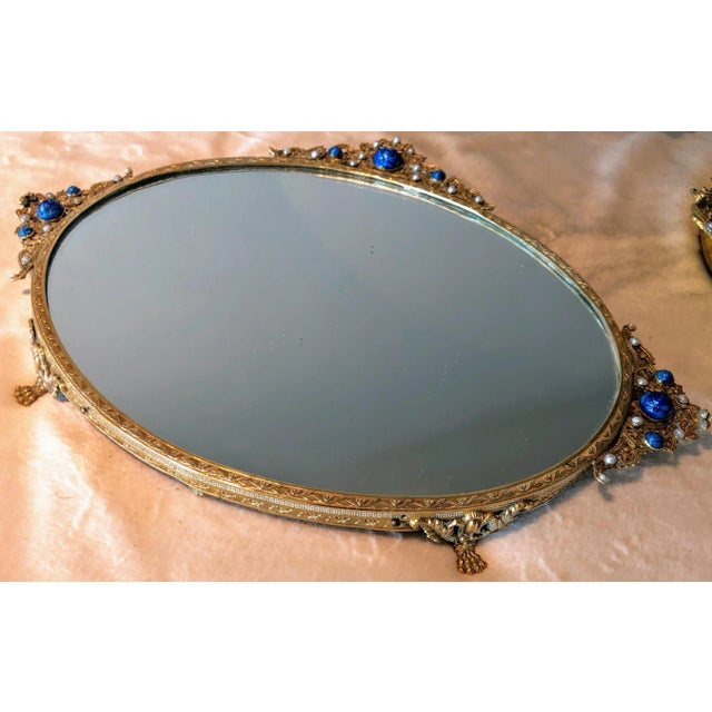 Gold Antique Vanity Tray With Filigree Adorned by Rose Cut and Pearl Like Gems For Sale - Image 8 of 11
