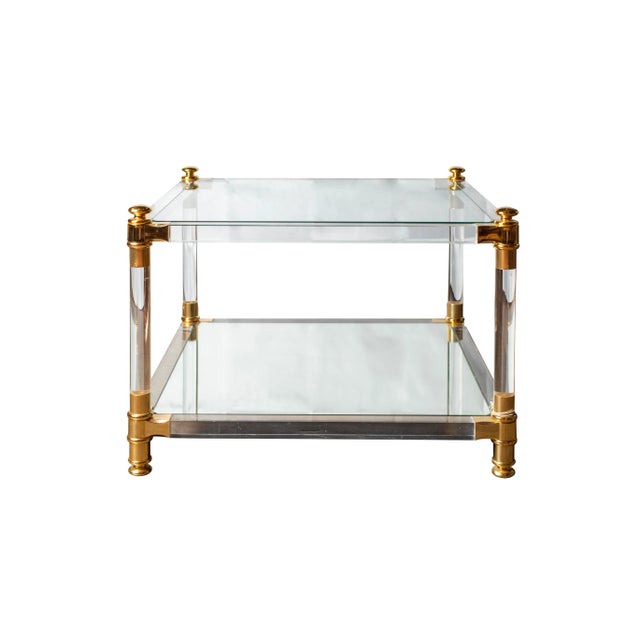 Pair of French Lucite & Brass Side Tables With Mirrored Glass Tops