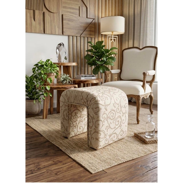 Postmodern Vintage Postmodern Pink & Gold Damask Waterfall Vanity Stool For Sale - Image 3 of 11