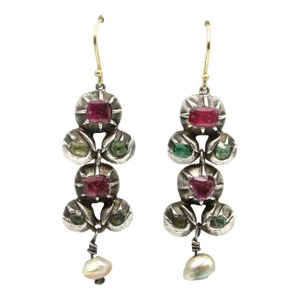 1970s Georgian Revival Ruby, Emerald, and Pearl Giardinetti Earrings - 2 Pieces