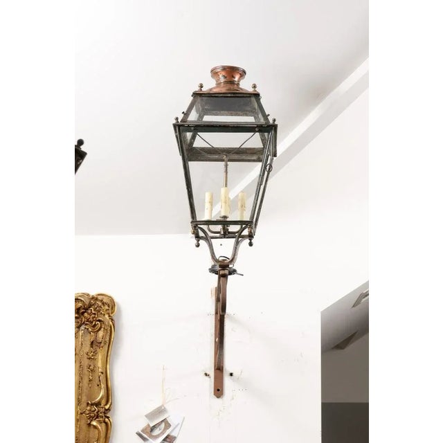 1890s French Iron and Copper Wall Lantern with Four Lights and Scrolling Bracket For Sale - Image 10 of 12