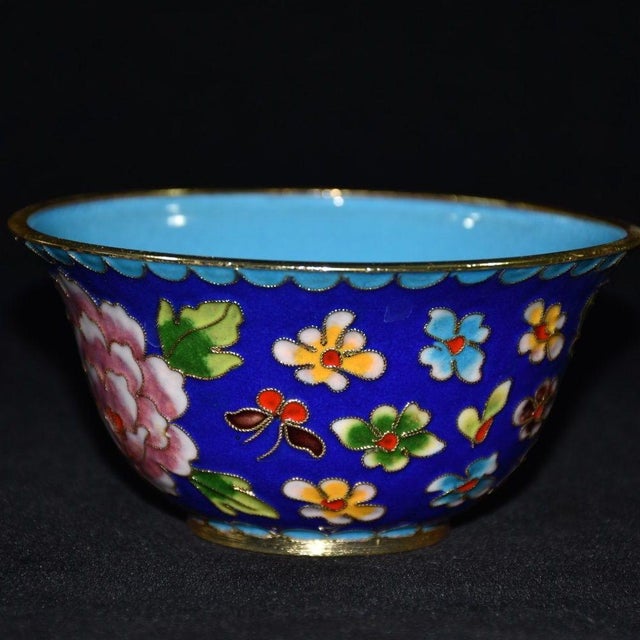 Handmade Cloisonne Tea Bowl, Wire Inlaid Pink Peony on Deep Blue, Chinoiserie Decor For Sale - Image 4 of 9