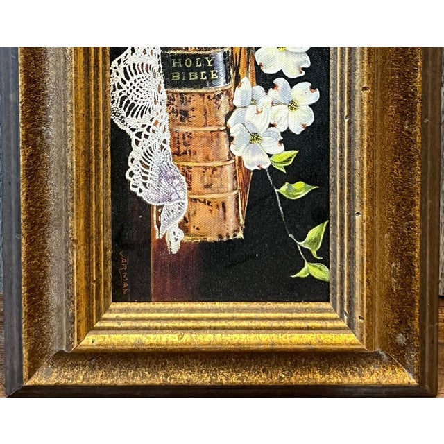 Late 20th Century Vintage Harry Jarman Original Trompe L’oeil Still Life Oil Painting of Holy Bible and Dogwoods For Sale - Image 5 of 9