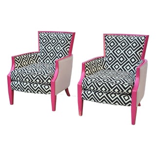 Sam Moore Hooker Furniture Fuschia Black & White “Nadia” Exposed Wood Bergere Lounge Chairs, a Pair For Sale