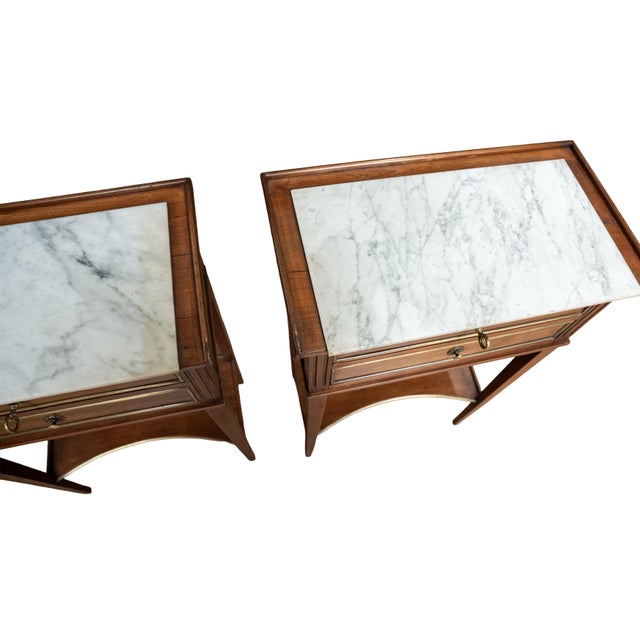 Pair of French Nightstands or Bedside Tables of Mahogany With Inset Marble Tops For Sale - Image 10 of 12