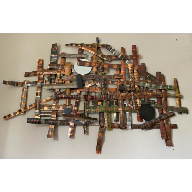 Large cut patinated copper metal wall sculpture in the style of Silas Seandel or Tom Greene .I cannot find any signature...