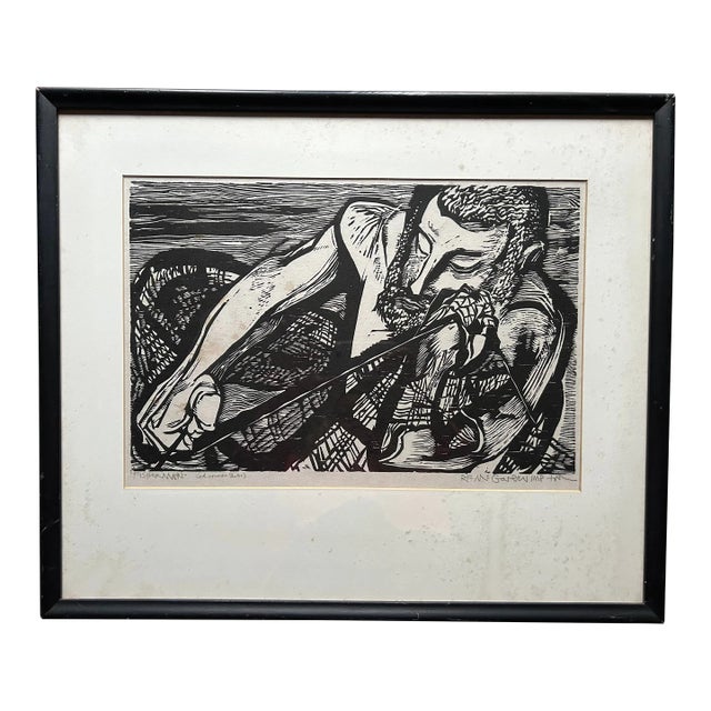 Vintage 1970’s Woodcut Print of Fisherman by R. F. McGovern For Sale