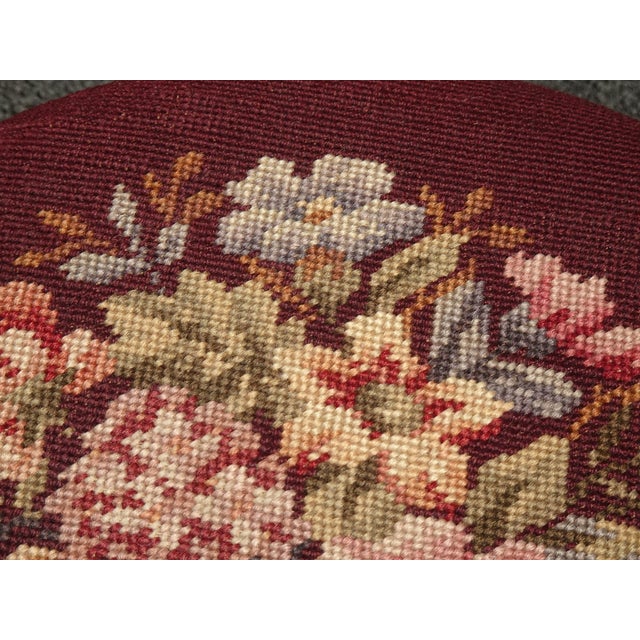 Footstool ~ Vintage French Country Burgundy Floral Round Needlepoint Footstool#2 For Sale - Image 11 of 14