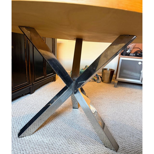 Contemporary Attributed to Pangea Home Round Remi Wood & Polished Stainless Steel Metal Dining Table For Sale - Image 3 of 6