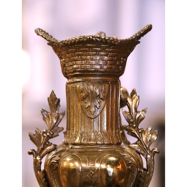 French Pair 19th Century French Gilt Spelter Vases on Marble Bases With Vine Motifs For Sale - Image 3 of 12