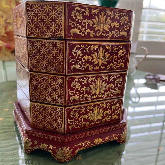 Vintage Chinese Red Lacquer Stacking Jewelry Box For Sale - Image 10 of 12