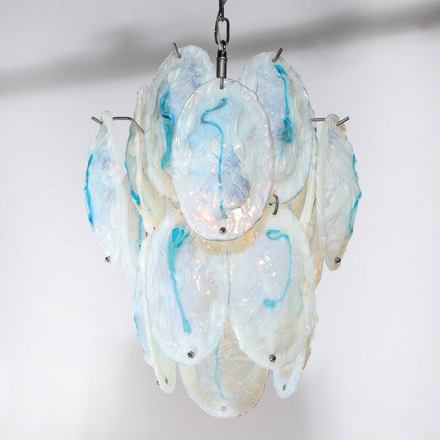 Mid-Century Modern Mid-Century Hand-Blown Murano Opalescent & Cerulean Detail Glass Chandelier For Sale - Image 3 of 18
