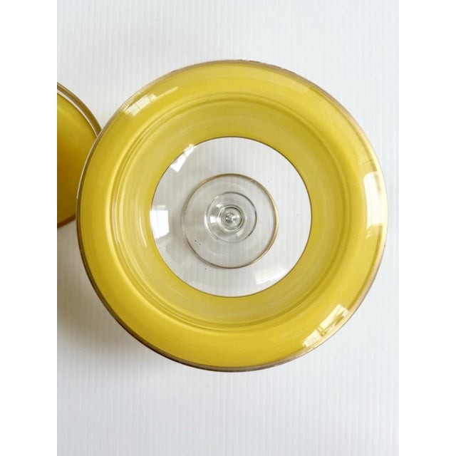 Early 20th Century Art Deco Glass Pedestal Compote or Candy Dish Yellow With Gold Trim, Fleur-De-Lis Handle For Sale In Cleveland - Image 6 of 16