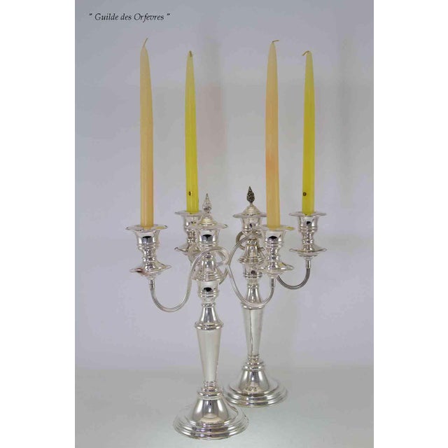 Silver 1980’s Vintage/New Old Stock Pair of Silverplate 3-Light Candelabras For Sale - Image 8 of 13