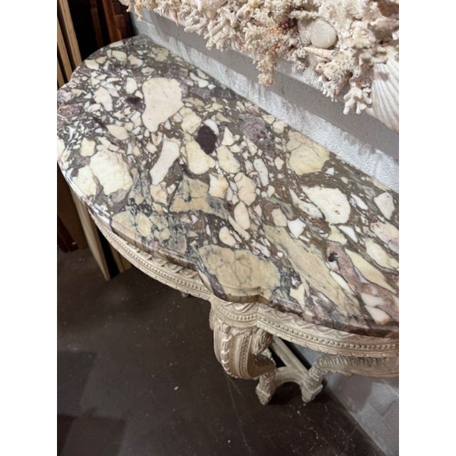 19th Century 19th Century French Louis XVI Carved and Painted Console With Breccia Violetta Marble Top For Sale - Image 5 of 8