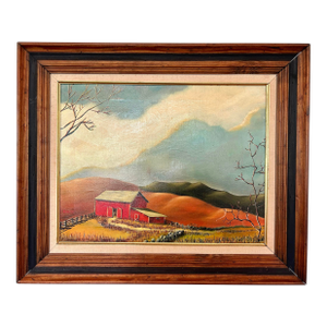 1970s Vintage Expressive Pastoral Landscape Oil on Canvas, Signed Beal (1975), Framed, Blues, Reds