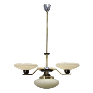 Art Deco Brass, Glass, and Aluminum Chandelier with Cream Glass, Czechoslovakia, 1930s For Sale