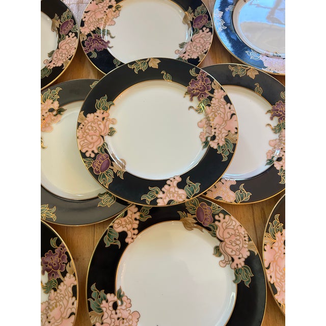 Chinoiserie Late 20th Century Fitz and Floyd “Cloisonné Peony Black” Salad Plates - A Set of 9 For Sale - Image 3 of 8