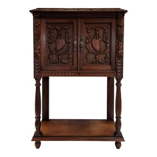 Late-1800s Carved Oak Medieval Spanish Revival Liquor and Wine Cabinet on Stand For Sale