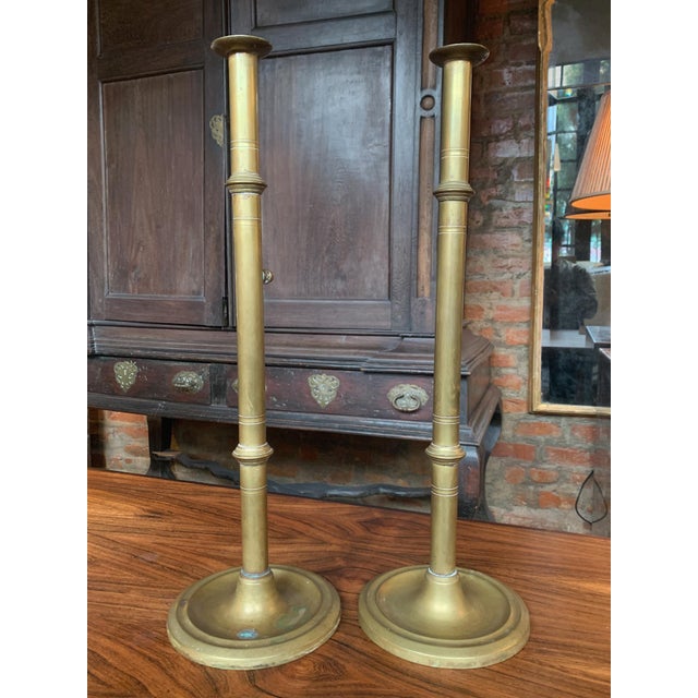 English Tall Antique English Brass Candlesticks - A Pair For Sale - Image 3 of 13