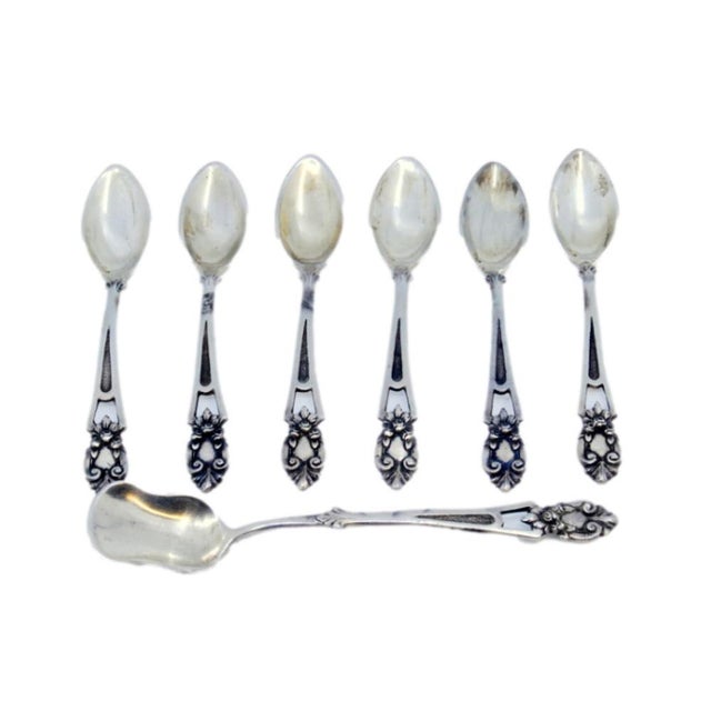 Silver Coffee Spoons and Sugar Shovel with Scalloped Handles, Set of 6 For Sale - Image 3 of 3