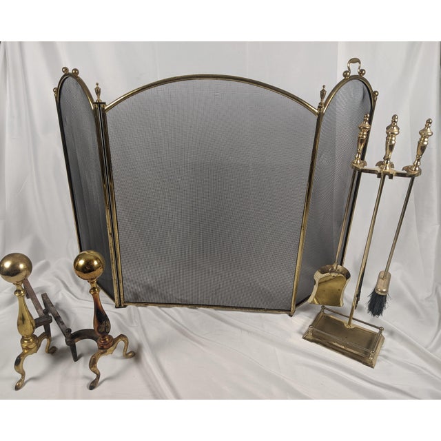 Brass Vintage Brass Fireplace Ensemble With Folding Screen, Andirons & Fire Tools For Sale - Image 8 of 18
