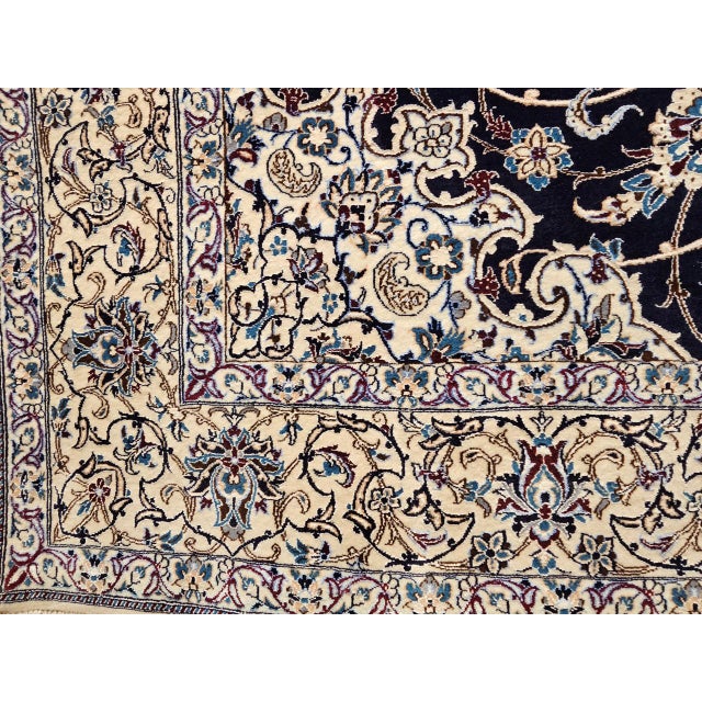 Vintage Fine Persian Nain Habibian Area Rug, Hand-Knotted Wool & Silk, Floral Pattern, 5x8, Navy & Ivory For Sale - Image 9 of 12