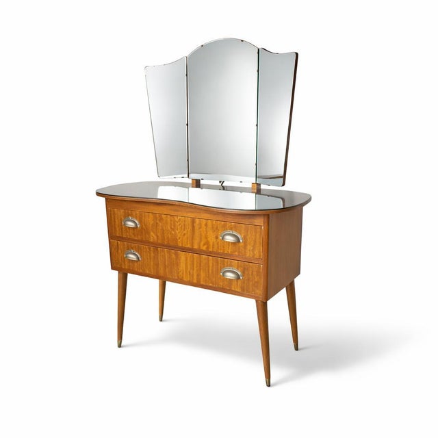 Metal Vintage Walnut Dressing Table with Tri-Fold Mirror For Sale - Image 7 of 7