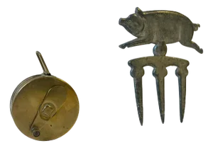 Vintage Measuring Tape & Pork Sign, 1930s, Set of 2