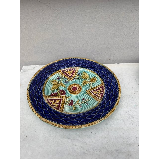 French Majolica plate Onnaing Circa 1890. flowers and blackberries.