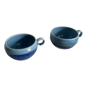 Signed Spun Pottery Blue Glazed Tea/Coffe Cups/Bowls - a Pair