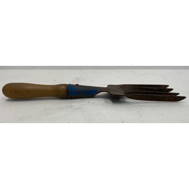 Wood Vintage Small Blue Metal Garden Fork With Wooden Handle From England For Sale - Image 7 of 9