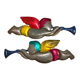 Vintage Tin Cherub Angels With Trumpets – Christmas Holiday Wall Decor, a Pair For Sale