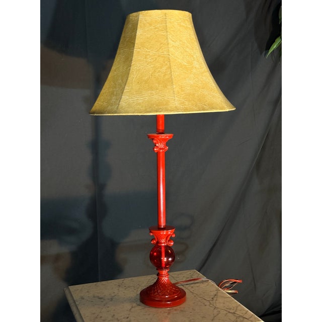 Vintage Style Red Table Lamp With Beige Fabric Shade For Sale - Image 4 of 10