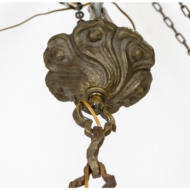 Early 20th Century Cast Bronze & Green Amber Slag Glass Hex Paneled Pendant Light For Sale - Image 12 of 13