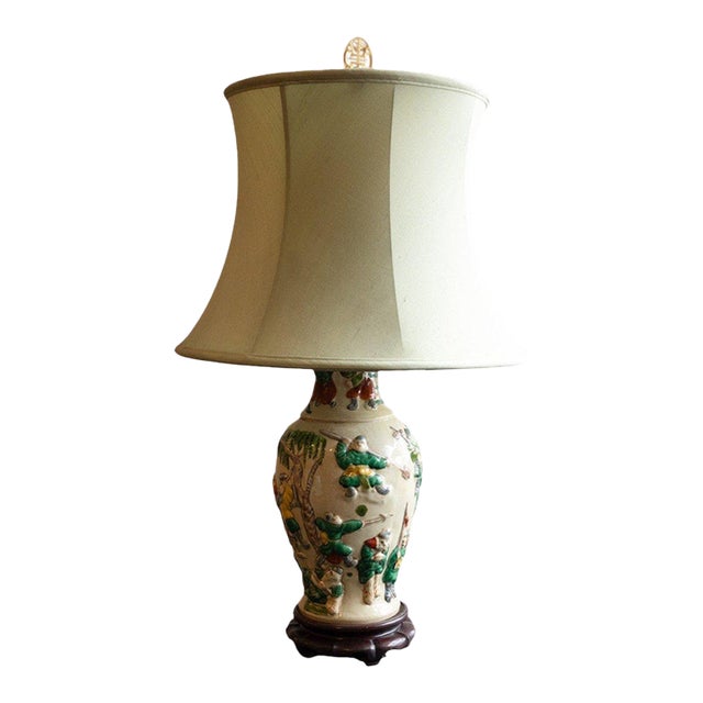 Vintage Chinese Famille Verte Style Figural Porcelain Vase Lamp For Sale