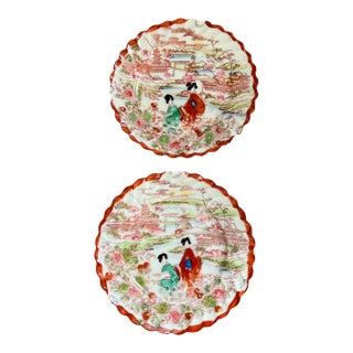 Antique 1920s Japanese Geisha Kutani Hand Painted Plates - 2 For Sale