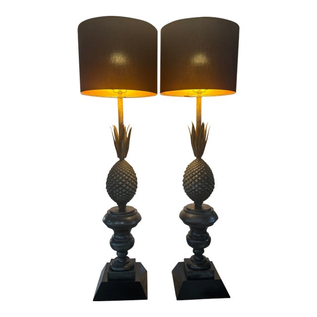 Pair of Vintage Metal Pineapple Table Lamps – Ornate Neoclassical Style For Sale