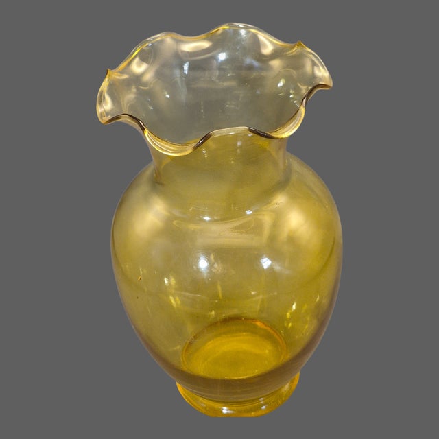 Vintage Amber Yellow Hand Blown Glass Ruffled Rim Vase 10.5'' Tall For Sale - Image 4 of 7
