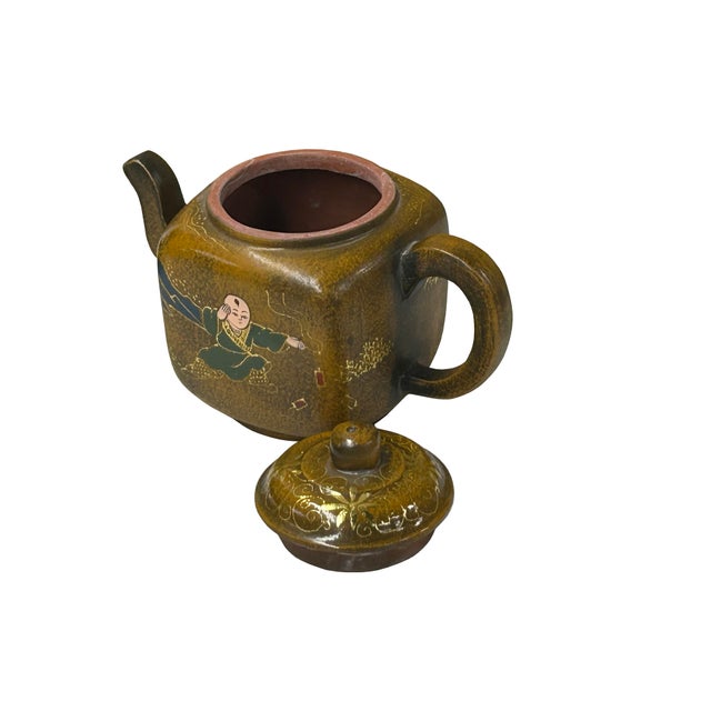 Chinese Vintage Chinese Mustard Yellow Graphic Zisha Clay Teapot Art Display For Sale - Image 3 of 9