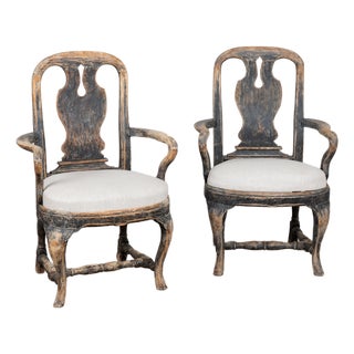 Pair, 19th Century Swedish Black Rococo Armchairs For Sale