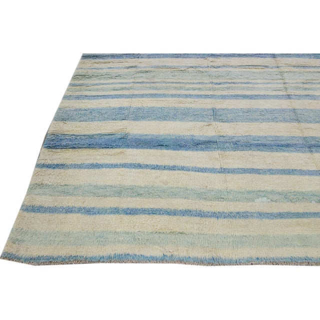 Modern Moroccan Style Handmade Stripe Pattern Ivory and Blue Wool Rug For Sale - Image 4 of 10