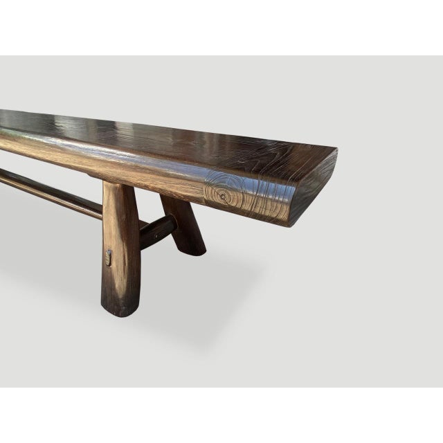 2010s Andrianna Shamaris Midcentury Couture Espresso Stained Teak Wood Long Bench For Sale - Image 5 of 6
