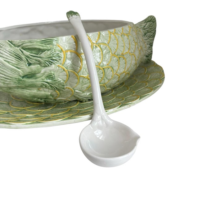 Green Vintage Italian Majolica Vegetable Fish Form Glazed Ceramic Soup Tureen With Platter For Sale - Image 8 of 9