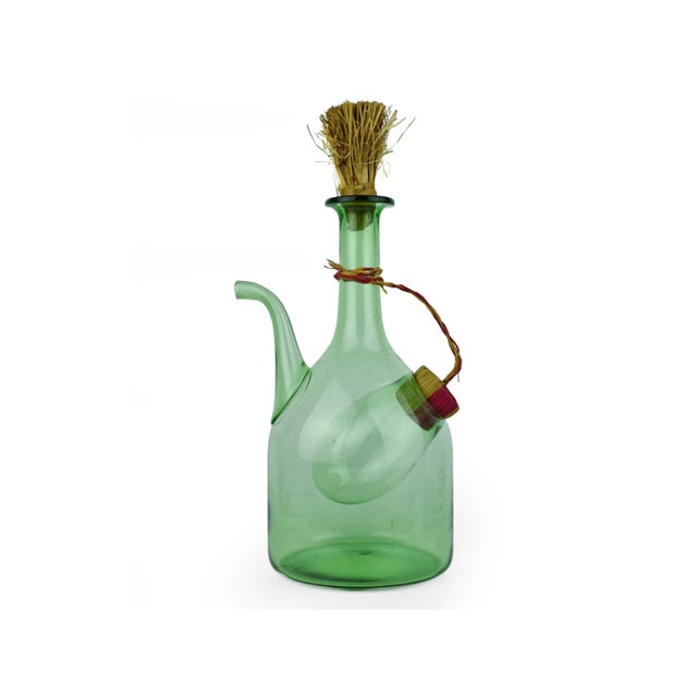 Vintage Hand Blown Italian Green Glass Wine Decanter Carafe With Ice Chamber Chiller and Stoppers For Sale - Image 4 of 10
