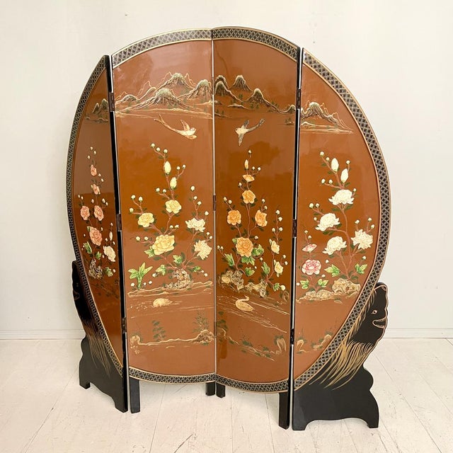 Chinoiserie and Black Lacquer Four-Panel Folding Screen Room Divider, 1930s For Sale - Image 12 of 18