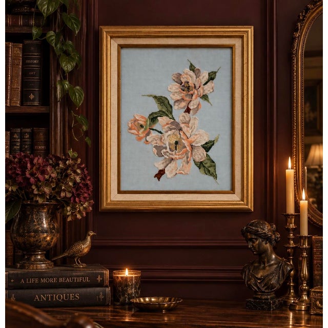 English Vintage Framed Floral Needlepoint Wall Art, Gold Frame For Sale - Image 3 of 4