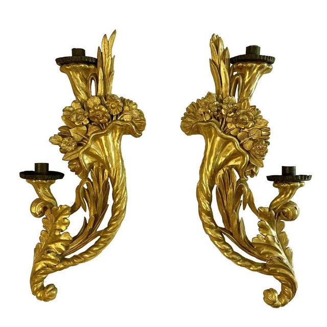 18th Century Gilded Wood and Cornucopia Floral Carving Wall Lights, Set of 2 For Sale - Image 10 of 10